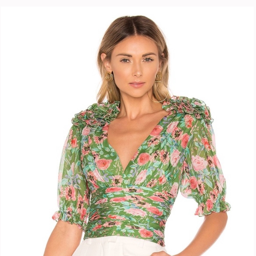 AMUR Neil Floral Print Silk Blouse In Grass Green